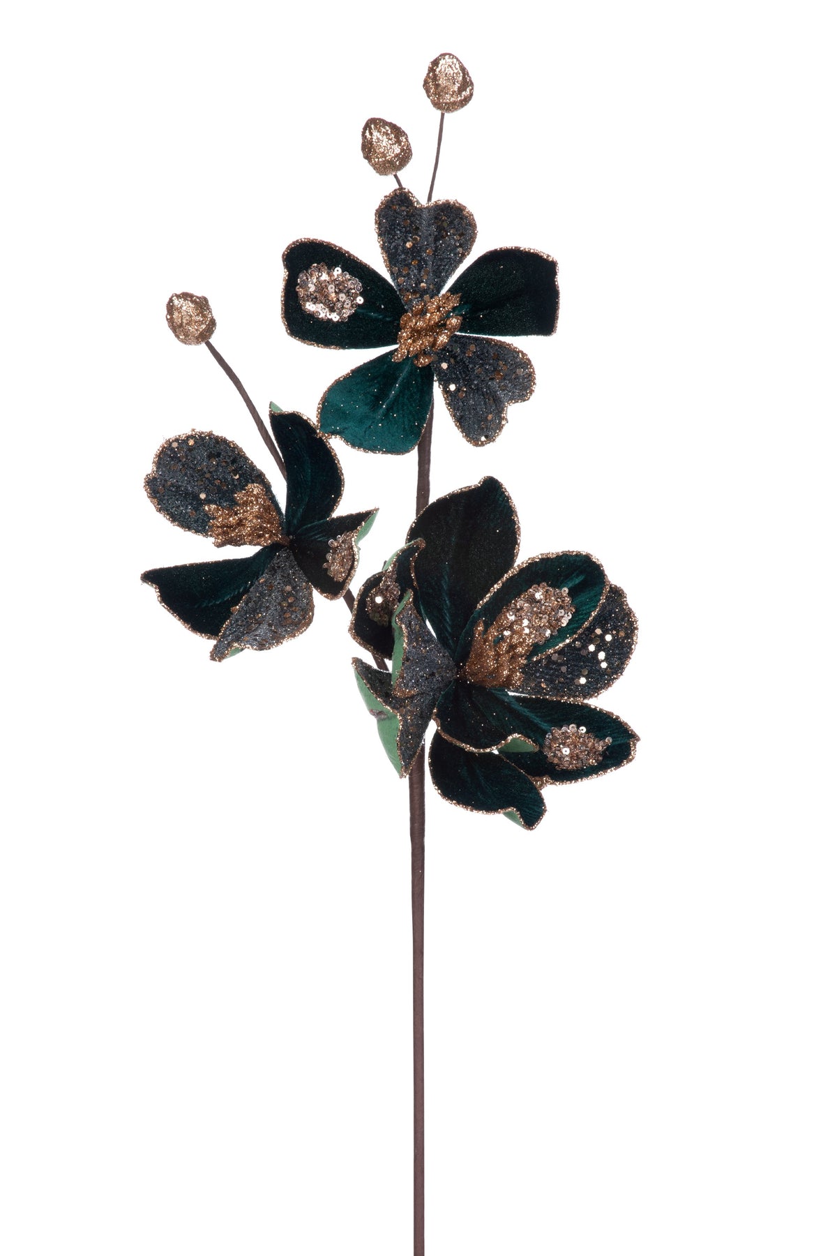 24.5" Emerald and Gold Glitter Magnolia Spray