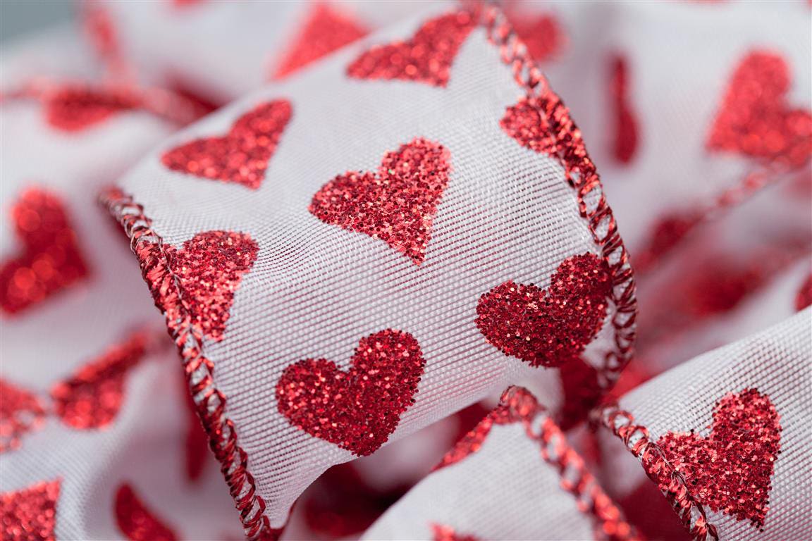 #9 White Glitter Hearts Sheer Ribbon