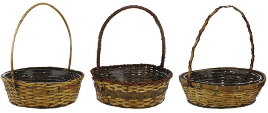 12 Bamboo Basket With Handle, Assorted