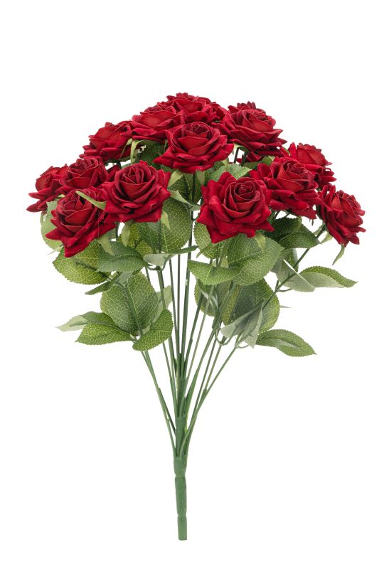 18" Dark Red Polyester Flocked Velvet Rose Bush x 18