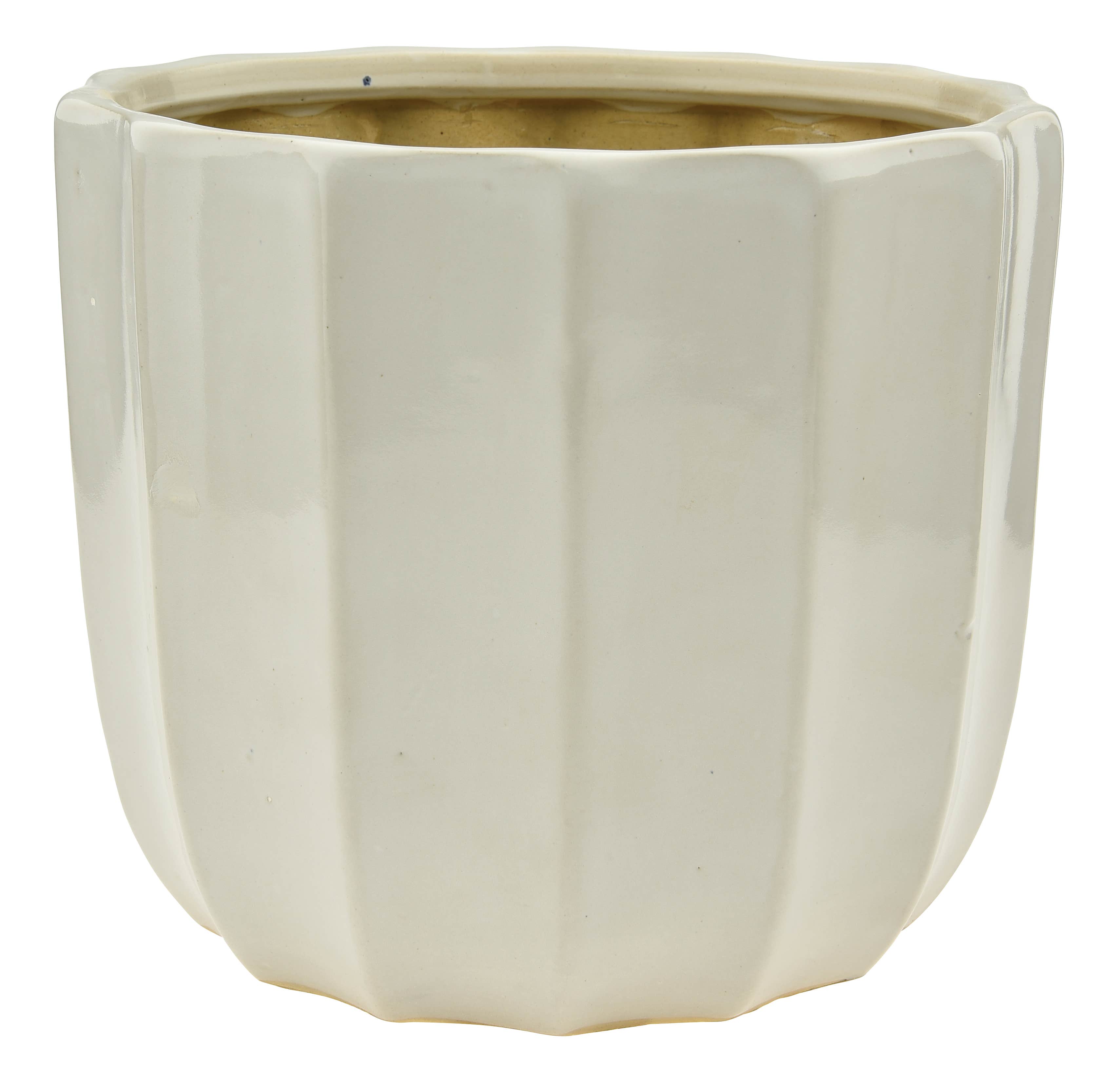 9 Round White Ribbed Ceramic Pot